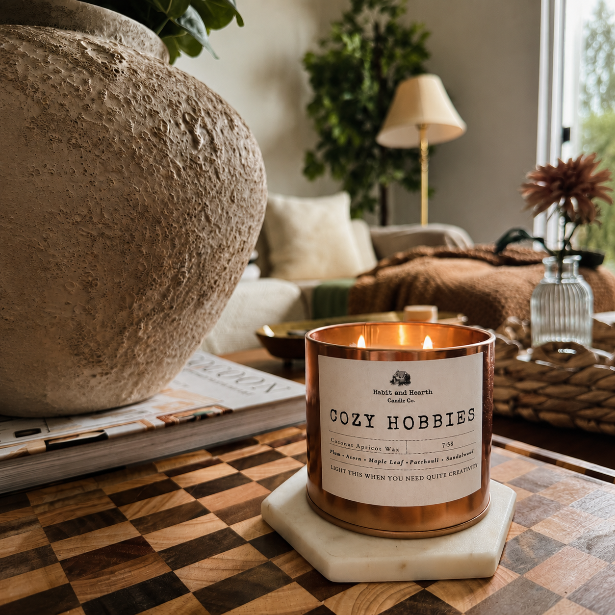 Cozy Hobbies 7.5 oz (Copper Tin) Plum + Acorn + Maple Leaf + Patchouli + Sandalwood