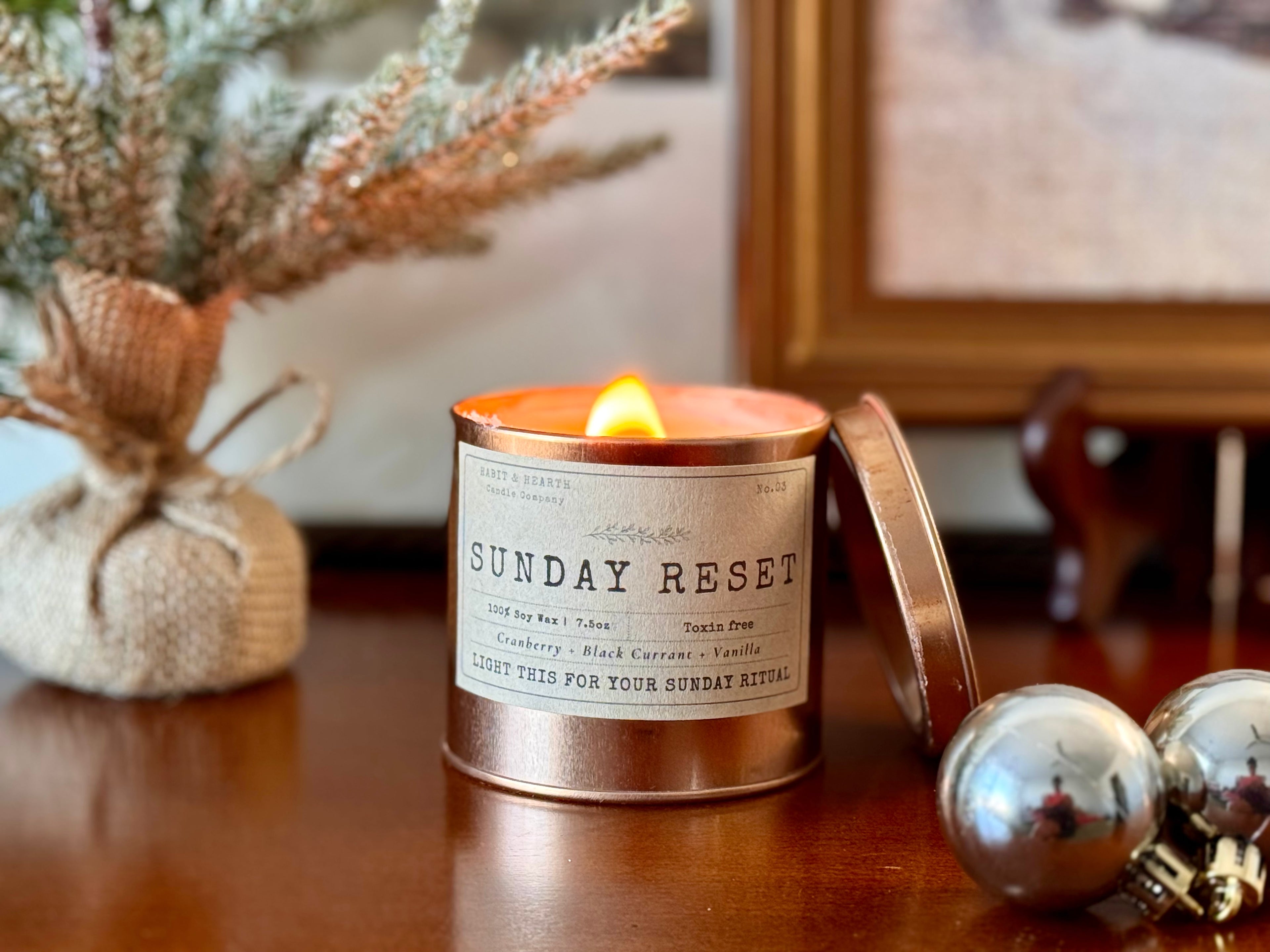 Sunday Reset (Copper Tin) - 7.5oz - Cinnamon + Cranberry + Green Leaves + Vanilla + Pine