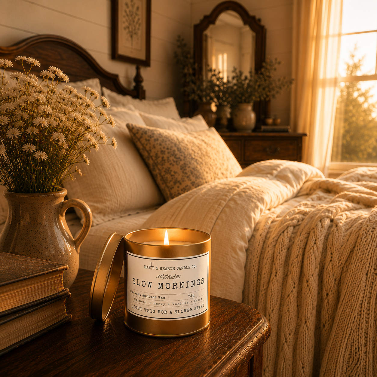 Slow Morning (Copper Tin) 7.5oz Cotton Blossom + Linen + Sandalwood + Powder