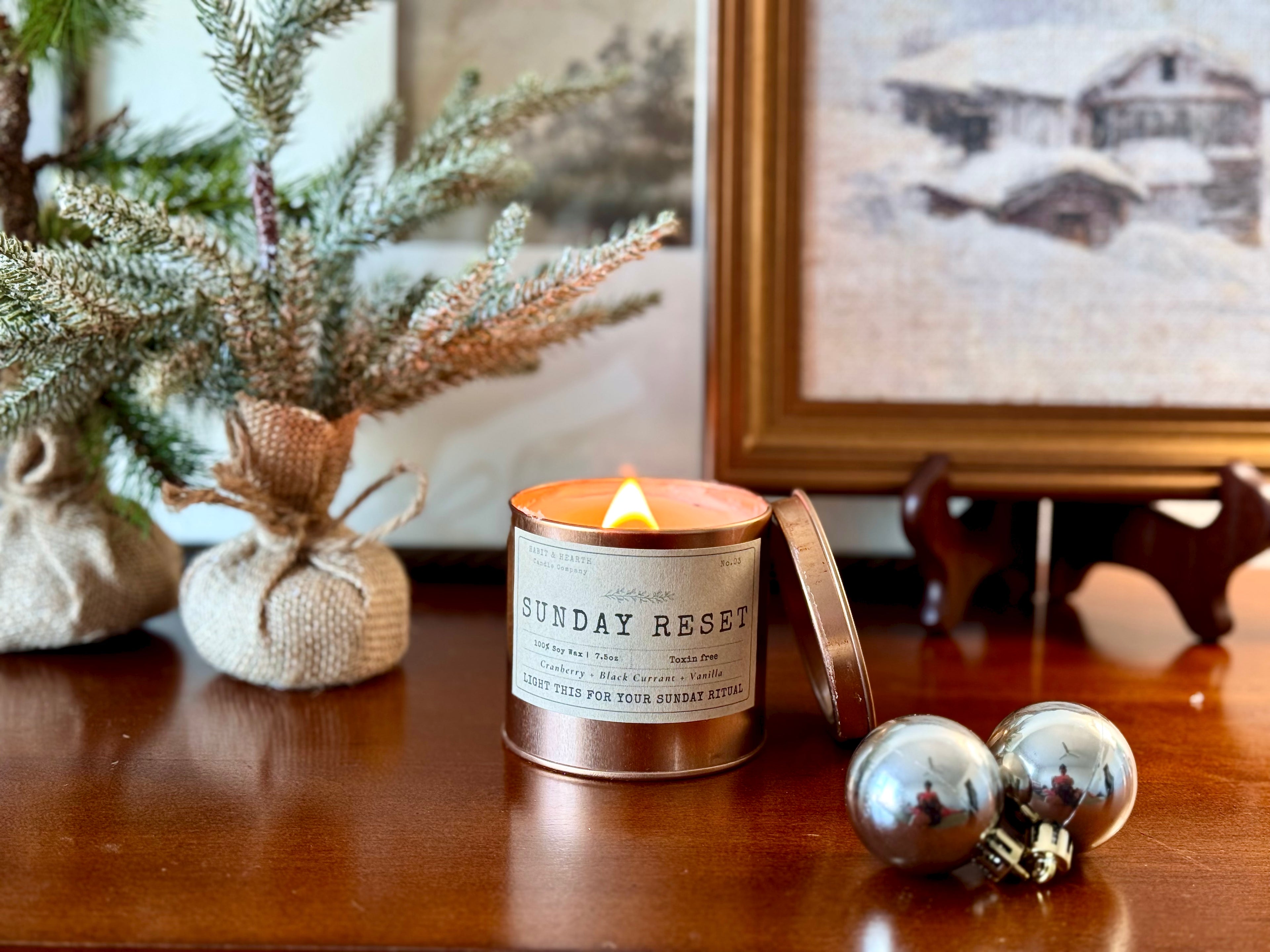 Sunday Reset (Copper Tin) - 7.5oz - Cinnamon + Cranberry + Green Leaves + Vanilla + Pine