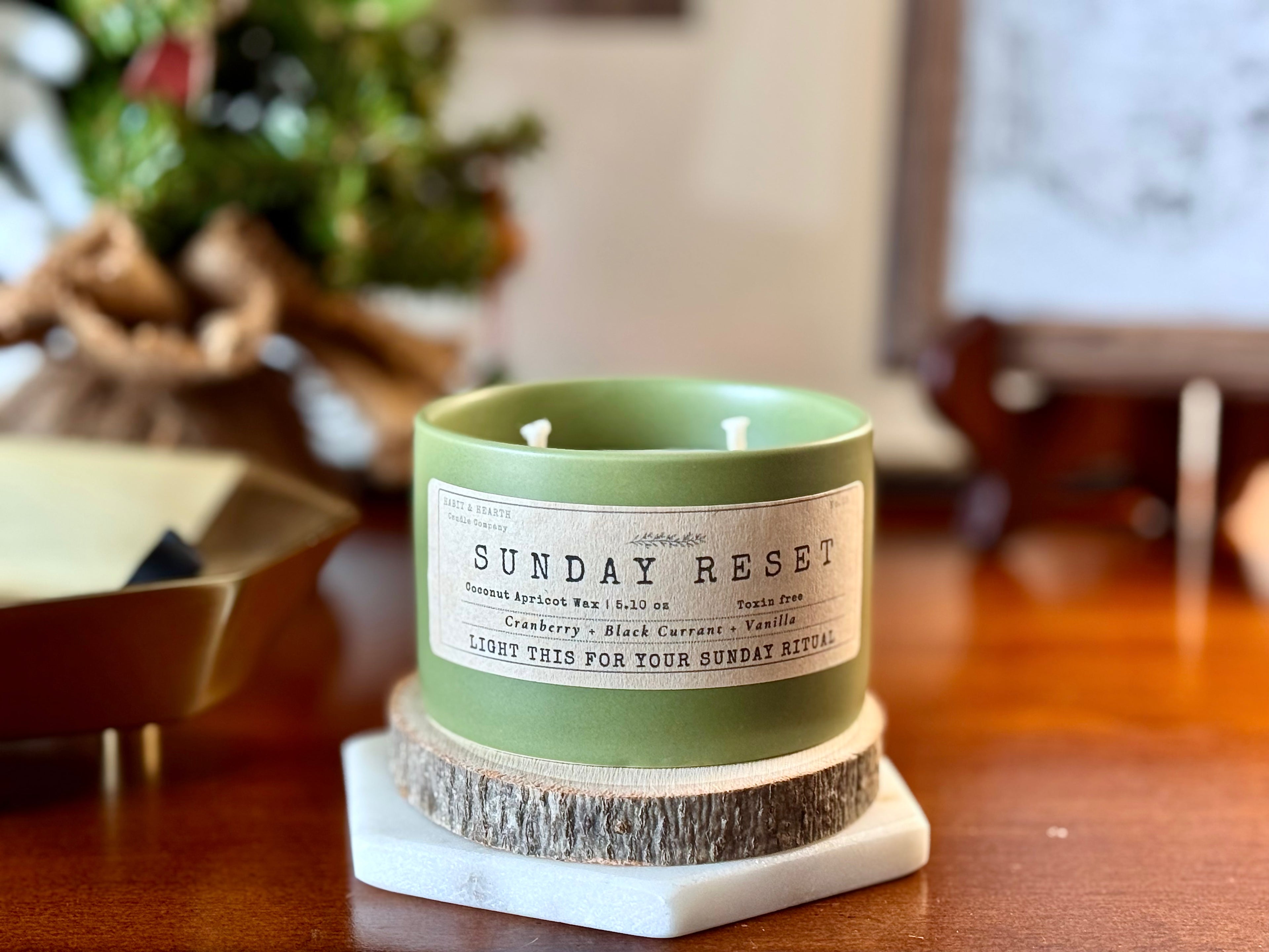 Sunday Reset (Olive Ceramics) - 5.10 oz - Cinnamon + Cranberry + Green Leaves + Vanilla + Pine