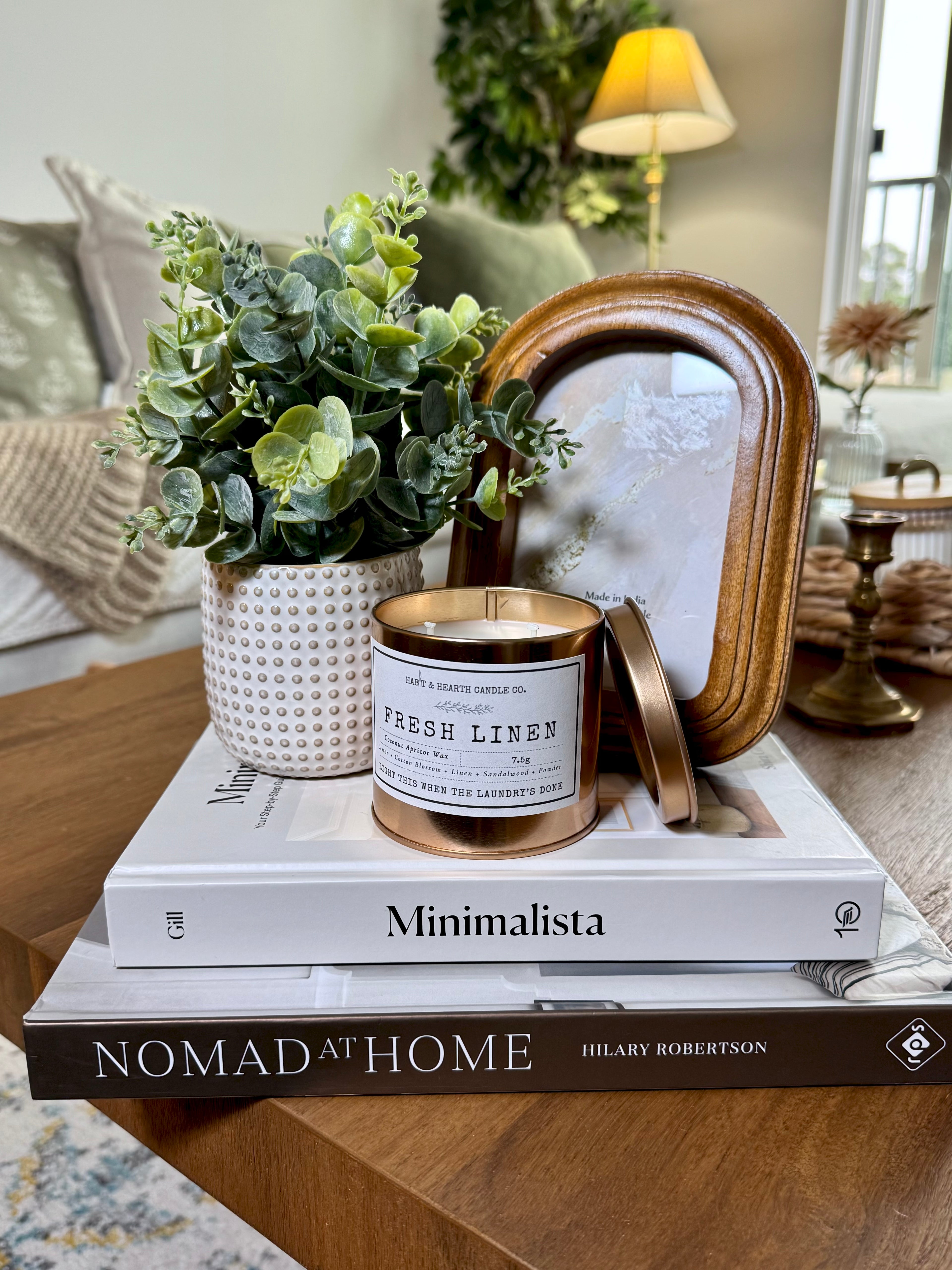 Fresh Linen (Copper Tin) 7.5oz  Lemon + Cotton Blossom + Linen + Sandalwood + Powder